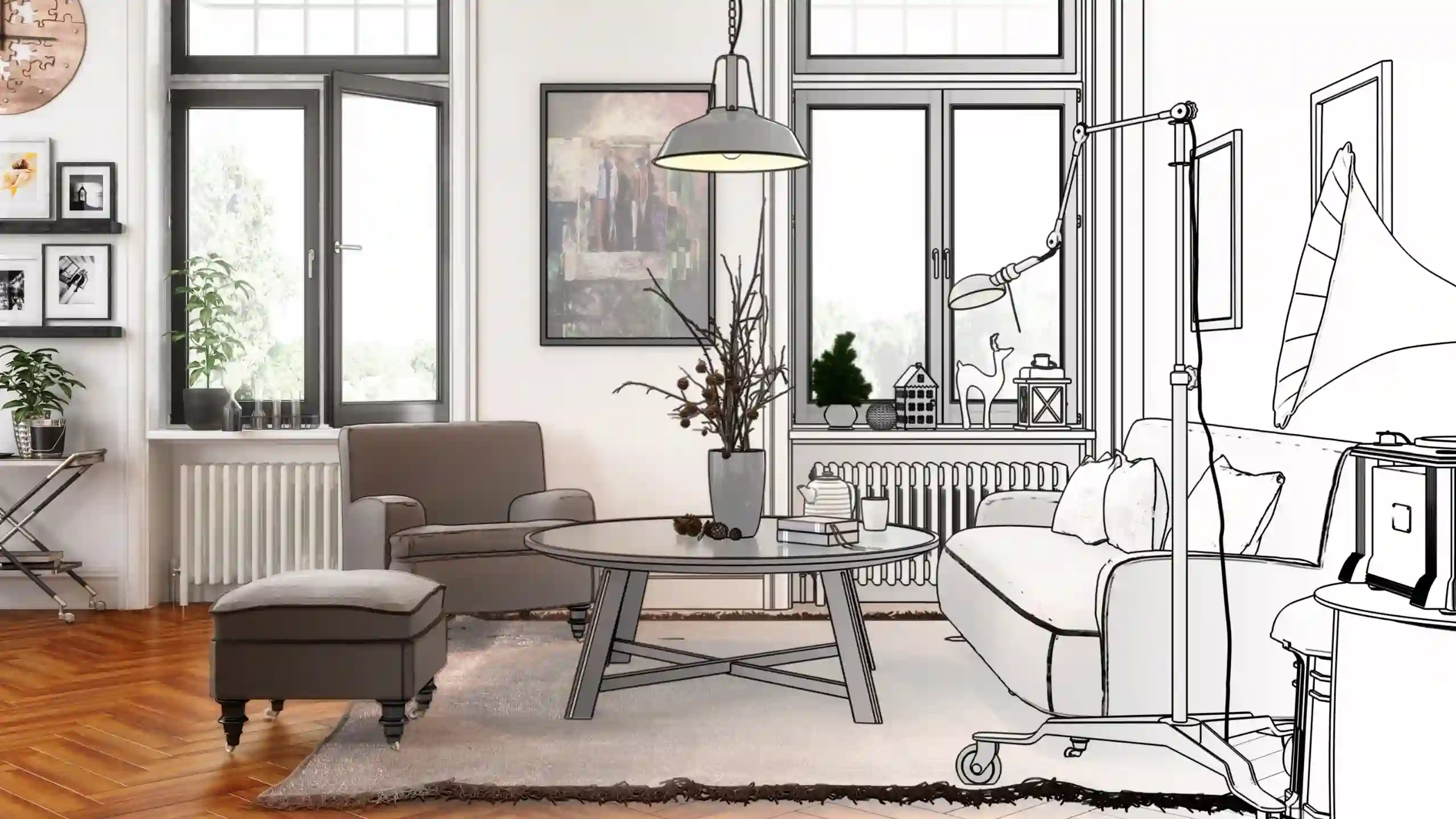 Skizze eines Wohnzimmers